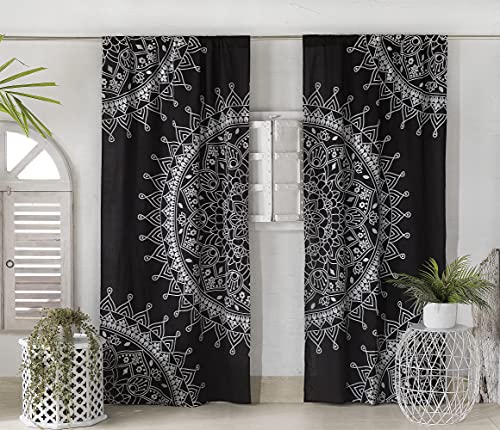 Madhu International Boho Curtains for Bedroom Tapestry Curtains 2 Panel Sheer Cotton Curtains & Drapes with Rod Pocket - Black Silver Mandala Curtains for Living Room, Dining Room, Dorm Room