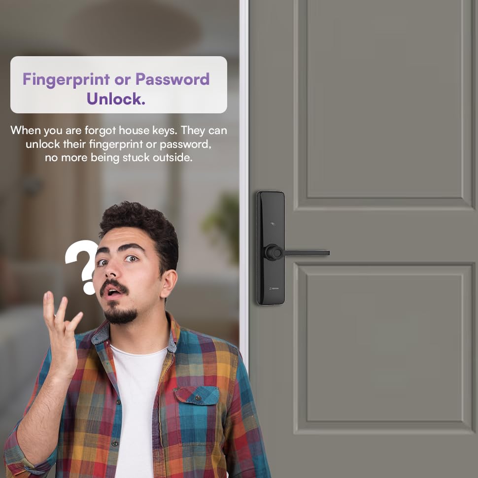 Image of Shield Core Smart Door Lock for Wooden Doors | 6-Way Unlock: Fingerprint, Passcode, WiFi App, OTP, RFID Card & Key | Dual Bolt Protection | Auto-Lock & Decoy PIN | 1 Year Battery Life (Black)