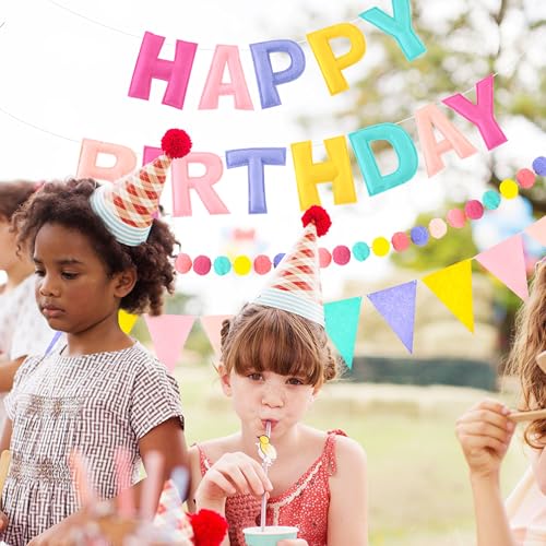 Image of CANREVEL Pre-Strung 3D Happy Birthday Banner, 3 PCS Happy Birthday Felt Garland, Pom Pom Garland, Triangle Fabric Garland Bunting, Reusable Birthday Decorations for Women Men Girls Boys, Pastel Candy