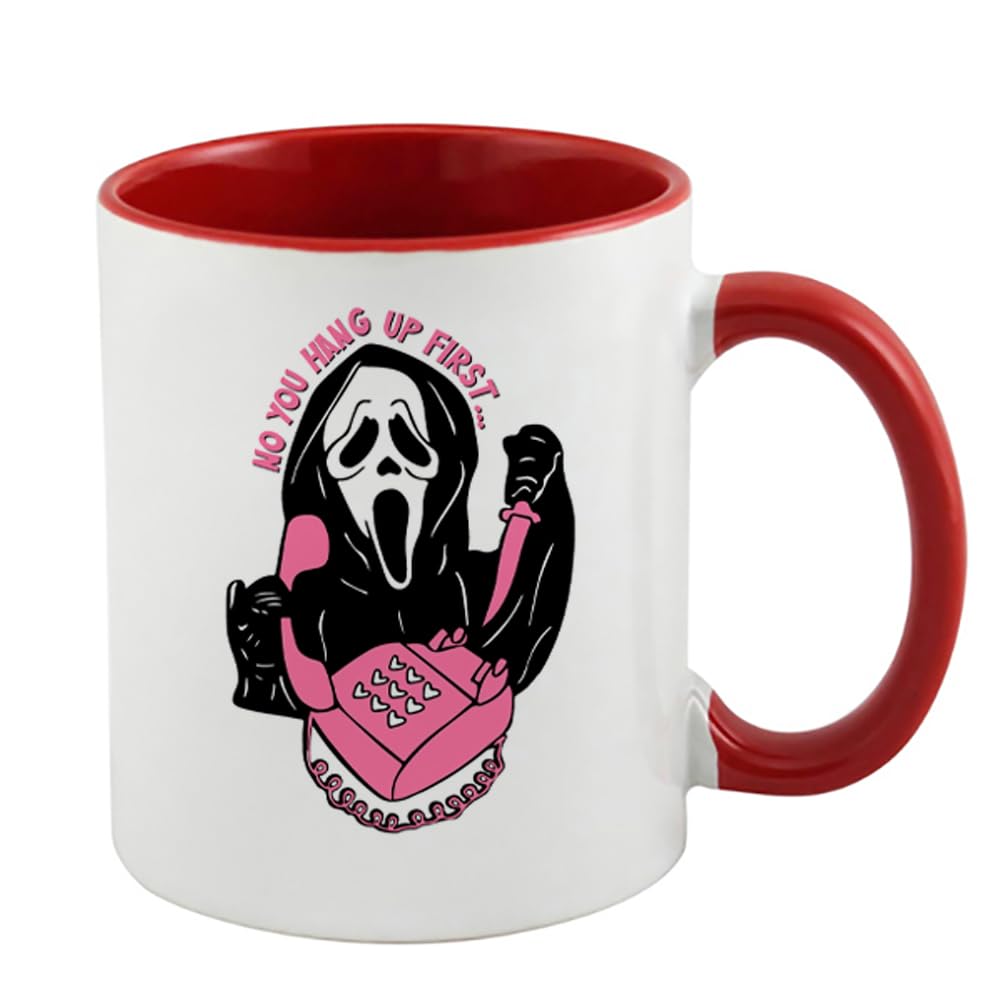 Giftme No You Hang Up First, Horror, Ghostface, Ghost Mask, Halloween, Inside Coloured Mug, Ceramic Coffee, Tea Mug. (Red)