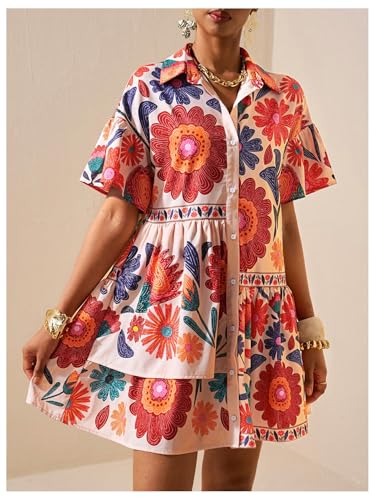 Image of SOLY HUX Women's Floral Button Down Shirt Dress Collared Short Sleeve Ruffle Babydoll Summer Boho Vacation Short Dresses