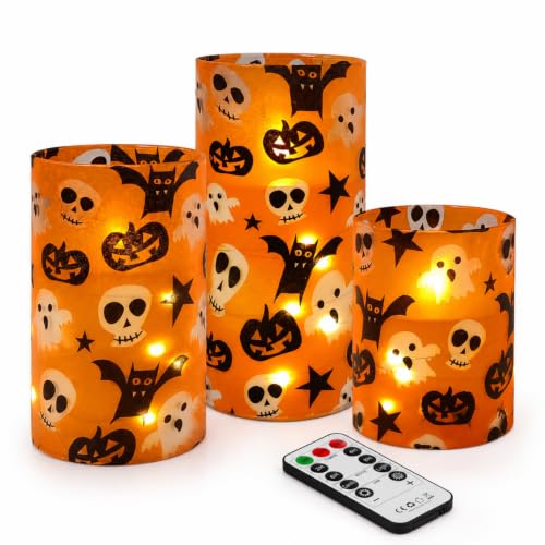 Image of Halloween Flameless Candles with String Lights - Set of 3 Ghost Battery Operated Candle Flickering Floral LED Pillar Candles with Timer Remote for Home Decor Romantic Ambiance