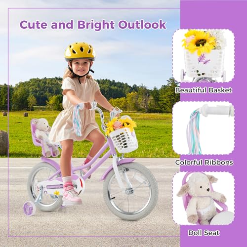 Image of BABY JOY Girls Bike with Streamers & Doll-Seat, Kids Bike for 3-8 Years Old