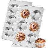 Leonyo 2 Pack 6-Cup Muffin Pans, Stainless Steel Standard Size Cupcake Pans Tray for Baking, Metal Non-Toxic Muffin Tins, Dishwasher Oven Safe