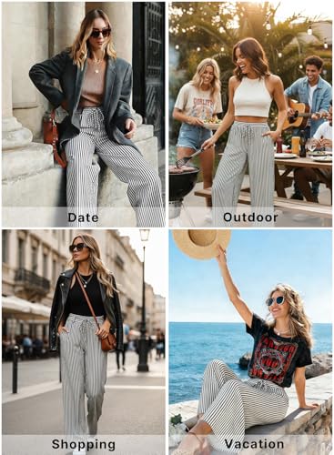 Image of Acelitt Women Casual Drawstring Elastic Waist Striped Wide Leg Pants with Pockets, S-XXL