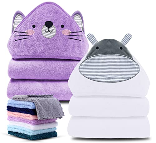 Image of Cute Castle 2 Pack Hooded Baby Towel Rayon Made from Bamboo with 8 Washcloths - Soft Bath Towel for Bathtub for Babie, Newborn, Infant, Natural Baby Stuff Towel (Hippo and Cat)