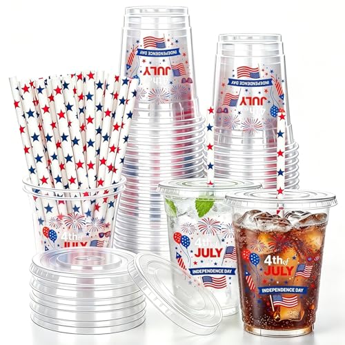 50Sets 12oz Plastic 4th of July Cups with Lids and Straws, Fourth of July Disposable American Flag Patriotic Cup, Clear Red White and Blue Drinking Cups for Independence Day Party Supplies Decorations