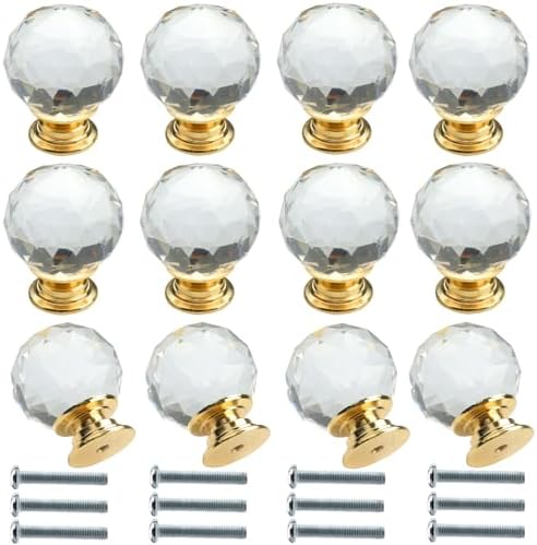 12 Piece 30mm Clear Round Crystal Glass Diamond Door Handle with ...