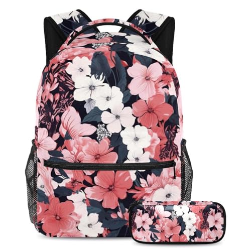 Sac à dos floral 2 pièces avec trousse pour l'école et le collège