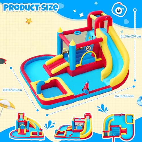 Image of Bounce House with Slide & Blower, Inflatable Water Park Bouncy Castle with Climbing Wall, Ball Pit & Water Cannon for Indoor Outdoor Backyard Play