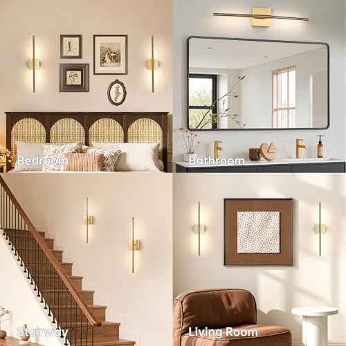 Image of Shenmoyl Battery Operated Wall Sconce Set of 2, 8000mAh Wireless Wall Sconces, 3000K-6000K Dimmable, 350Rotate, Indoor Wall Lights for Bedroom Living Room Bathroom, Gold, 23.6 Inch