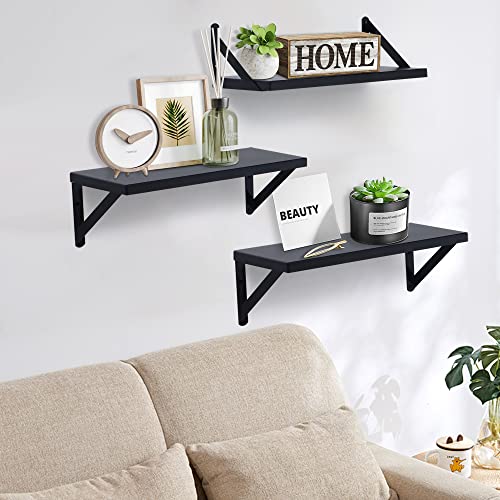 Floating Shelves Wall Mounted - 16.5" Black Wooden Wall Shelves With Visible Metal Bracket - Modern Hanging Storage Shelves Wall Decor Shelf For Living Room, Bathroom, Bedroom, Kitchen - Set Of 3 #TOP1