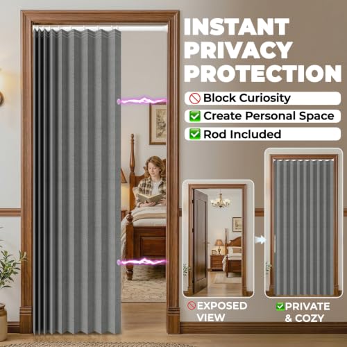 Image of AJAZZ Blackout Sliding Door Curtains with Curtain Rods 52-63 in Length, Magnetic Door Curtain for Bedroom Living Room Doorway Curtain Sets (1 Panel, 72 W x 78 L, Dark Grey)