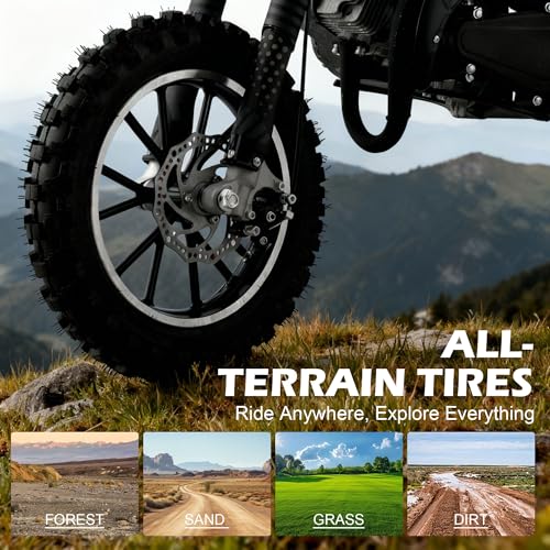 Image of 50cc Dirt Bike, 2 Stroke Gas Mini Bike for Kids 8-14 with Front Rear Disc Brakes, 10 Inch Off-Road Tires, Shock Absorption, Seat Height 23.6in, Max Speed 40mph, 2026 Upgraded,Classic Black