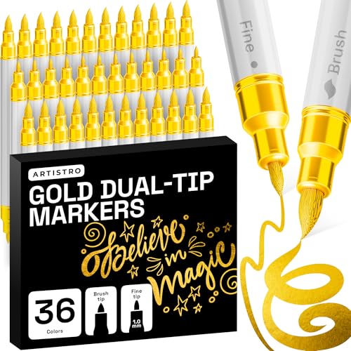 Image of ARTISTRO 36 Gold Acrylic Paint Markers - Paint Pens for Drawing - For Fabric, Rock, Glass, Wood, Molds - Arts & Crafts Gift for Adults, Teens, Kids, Classroom Must Haves & School Supplies