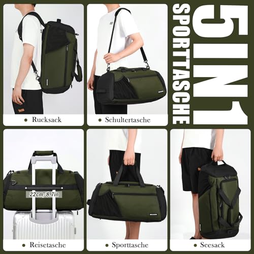 Sporttasche Herren 40L Groß Sporttaschen Reiserucksack Mehrere Taschen Rucksack mit Schuhfach Nassfach Wasserdicht für Schulter und Hand Trainingstaschen Weekender Tasche Sports Bags Armeegrün