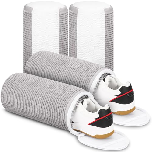 2 Pcs Shoe Washing Machine Bag, Laundry Shoe Bag for Washer and Dryer, Reusable Zipper Shoe Mesh Cleaning Bag Fluffy Fiber Inside, with Insole and Shoe Lace Pocket (Grey)