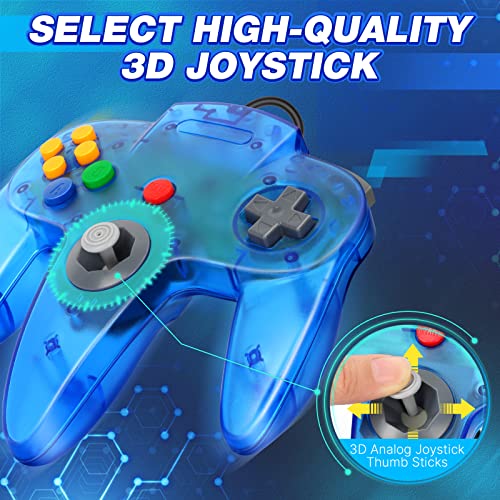 Image of FISUPER 2 Pack USB N64 Controller, Wired Video Game Controller USB Gamepad for Windows PC MAC Raspberry PI Retropie (Clear Blue)