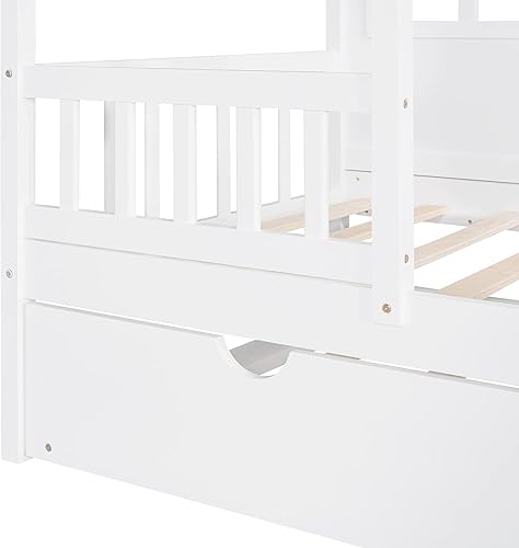 Miniatura 21 de Harper & Bright Designs Cama matrimonial con nido de tamaño individual, cama de madera de tamaño matrimonial con techo, ventanas y valla, marco de