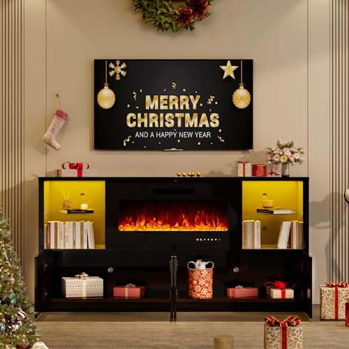 Fireplace TV Stand for TVs up to 75", Modern High Gloss Entertainment Center with 40" Fireplace, 4 Shelves & Storage Cabinets, Media Console Table 68 Inches, Black - Image 3