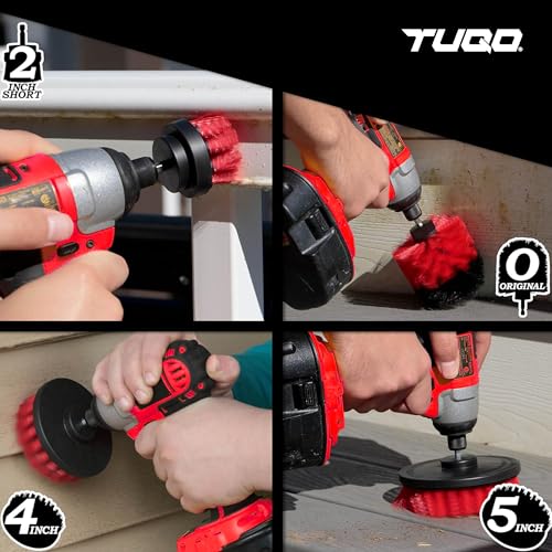 Image of TUQO SB20R Drill Brush Attachment Set | Power Scrubber Cleaning Kit for Outdoor Surfaces, Siding, Gutters, Brick & Garage | Stiff Bristles | Hex Shank Fits Most Drills | Red