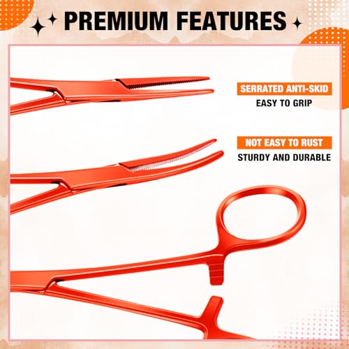 Image of BBTO Hemostat Curved and Straight Hemostat Forceps Piercing Pliers Forceps, Stainless Steel Straight and Curved Pliers, Fishing Tweezer (Orange,2 Pcs)