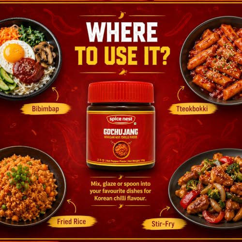 Image of Spice Nest Gochujang Korean Hot Chilli Paste, 170g, Red Pepper Sauce for Bibimbap, Tteokbokki, Ramen, Noodles, Stir Fry and Marinade, Vegetarian