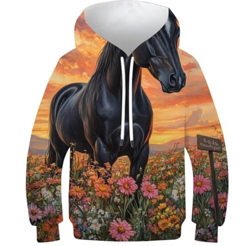 Sweat à capuche 3D cheval noir pour enfant de 9 à 11 ans