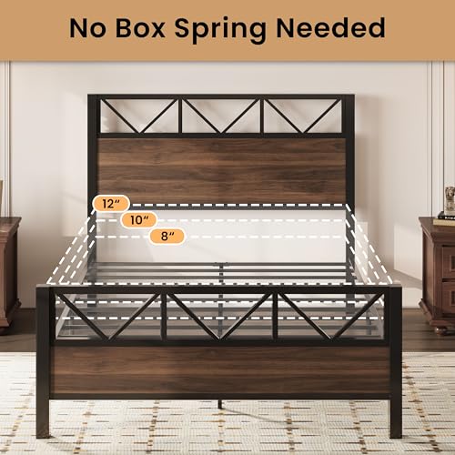 Image of LIKIMIO Queen Bed Frame, Tall Industrial Headboard 51.2 inch, Platform Bed Frame with Strong Metal Support, Solid and Stable, Noise Free, No Box Spring Needed, Easy Assembly, Walnut
