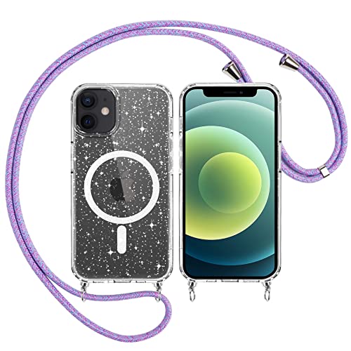Trasparente Glitter Cover Magnetica con Cordino per iPhone Pro 6.1 Custodia Bling Brilla Tracolla Compatibile con MagSafe Magnetico Ricarica Case per iPhone12 Pro wireless viola