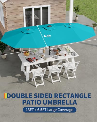 13FT umbrella outdoor patio,Double-Sided Rectangle Umbrella Oversized Shade for 2-6 People, Fade Resistant Canopy for Deck Pool Garden Backyard (Misty Blue, 13FT)