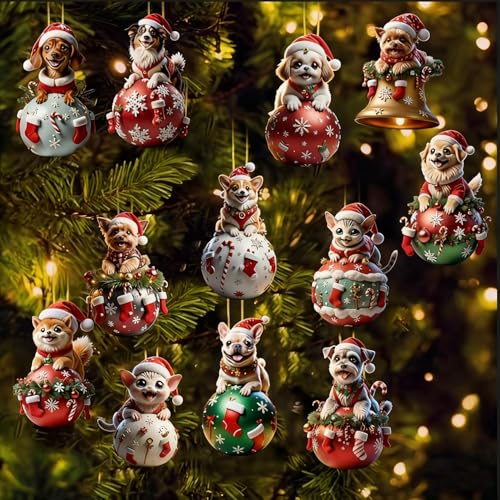 12 Pcs Cute Christmas Ornaments Animal Kitten Puppy Designs Xmas Tree Decoration for Holiday DIY Crafts Mini Christmas Hanging Ornaments 2D Wooden Pendant for Home Indoor Party Gift