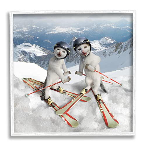 Stupell Industries Humorous White Cats Skiing Gear Snowcapped Mountains, Design