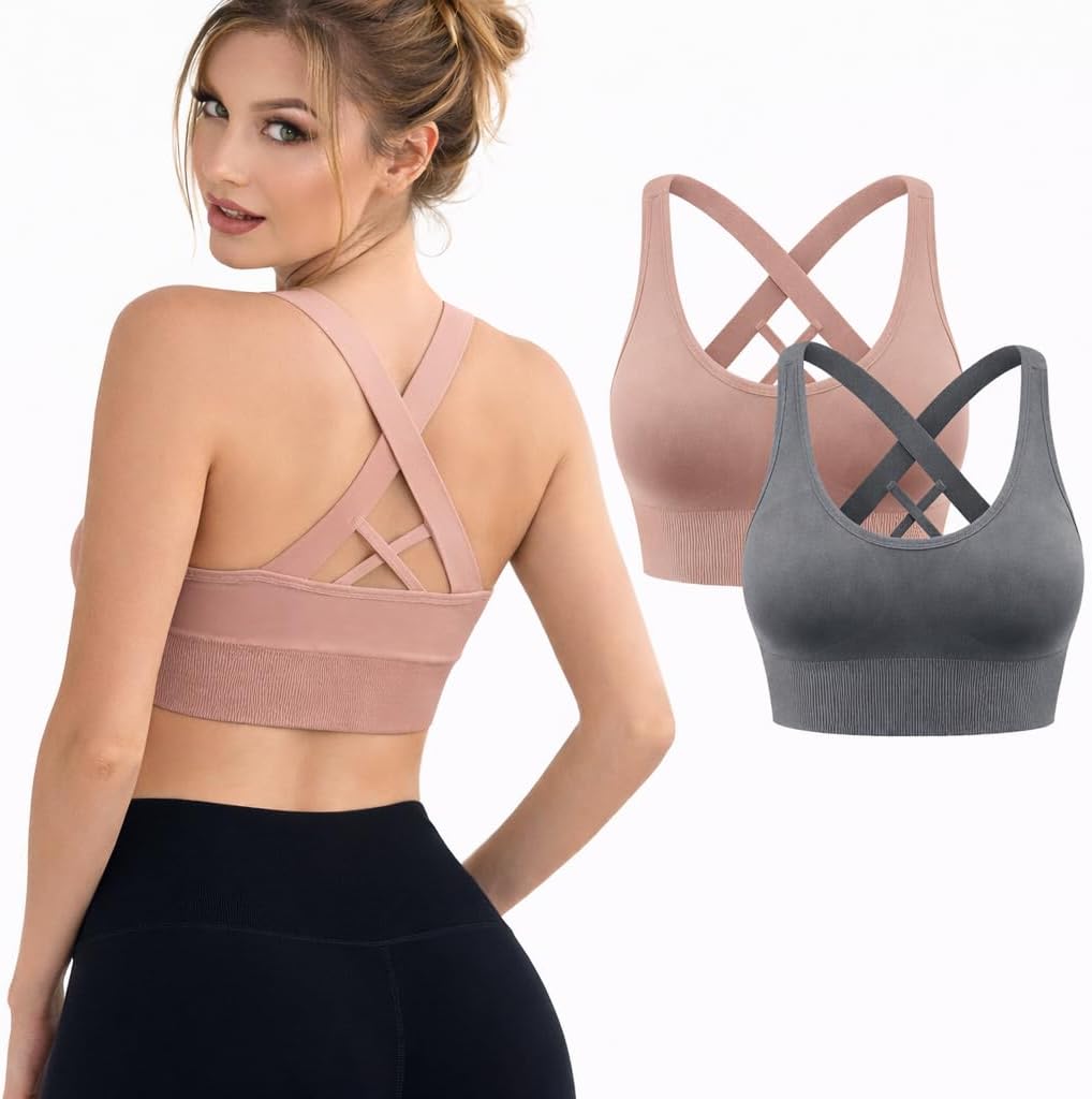 Women's Crisscross Sports Bras, 2-Pack/3-Pack, Seamless Padded Medium Impact Workout Bra, Strappy Back