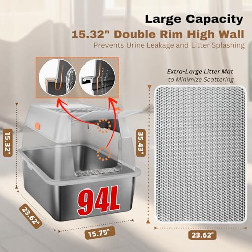 XL Stainless Steel Litter Box with Lid, Fully Enclosed 6" Deep Metal Cat Litter Box, Leak-Proof, Clumping Litter for Large, Multi-Cats, with Litter Mat, Scooper & Brush (6" Light Gray XL)