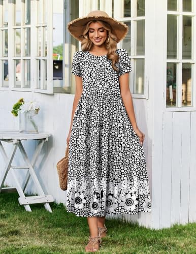 Image of Zeagoo Summer Dresses for Women 2026 Maxi Bohemian Floral Short Sleeve Long Dress Casual Flowy Tired Beach Sundress
