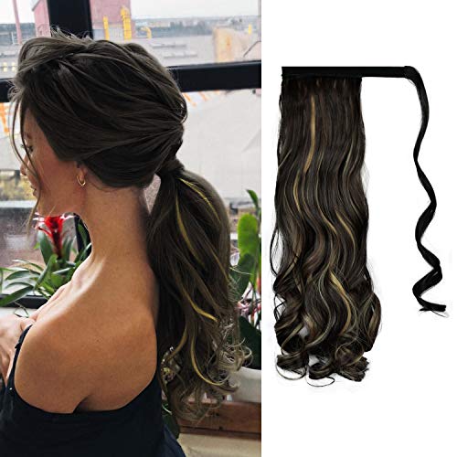 FEHSFEN Wave Wrap Around Ponytail Hair Extensions 21" Long Wavy Clip in Synthetic Hair Ponytail Hairpieces for Women