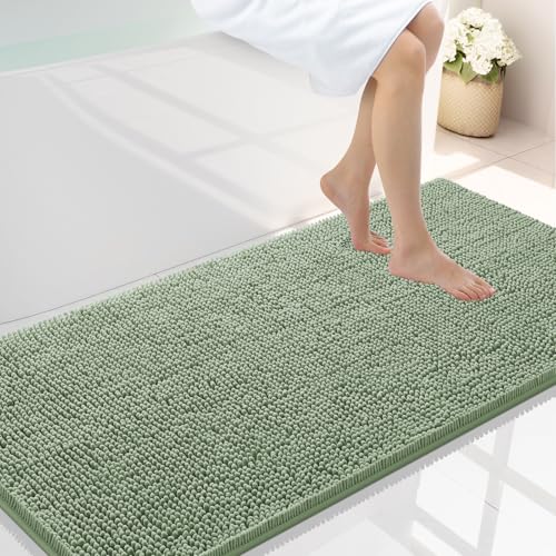 Smiry Luxury Chenille Bathroom Rugs 44x24, Extra Soft and Absorbent Shaggy Bath Mat, Machine Washable, Non-Slip Plush Carpet Runner for Tub, Shower, and Floor, Home Decor Accessories, Sage Green