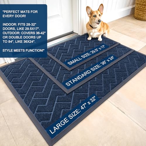 Image of OLANLY Front Door Mat Indoor Outdoor Entrance, Waterproof All-Season, All-Weather Doormat, Sturdy Natural Rubber, Low Profile, Easy Clean Patio Porch Entryway Mat, Herringbone Brick (Blue, 59x23)