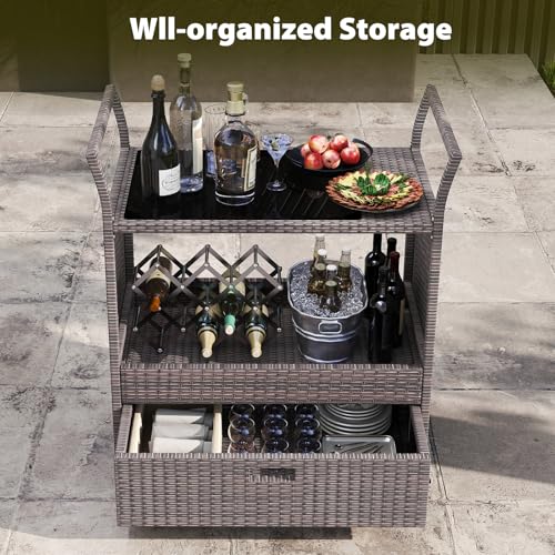 Image of Giantex Rolling Wicker Cart Rattan Bar Cart Outdoor Serving Cart Wicker Trolley Portable Kitchen Trolley Cart W /Shelves and Big Drawer for Dining Room, Restaurant, Party, Poolside Use