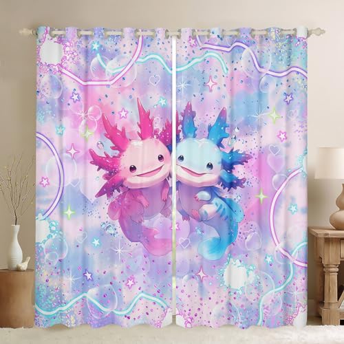 Axolotl Window Curtains,Sea Animals Curtain,Blue Pink Axolotl Window Drapes for Kids Teens Boys Young Man,Modern Bedroom Decorative,Colorful Stars Sky Curtain,38Wx45L