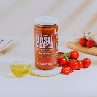 The Gourmet Jar Basil Pasta Sauce with Fresh, Vine-Roma and Cherry Tomatoes - Vegetarian Italian Sauces - Gluten Free - 100% Natural and Nut Free 390 Gm