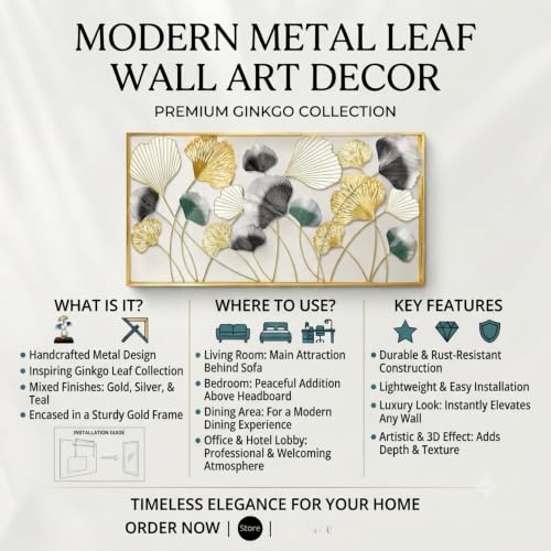 Image of SMILES GIFT Luxury Imported Wall Hanging | Elegant Rectangular Framed Metal Leaf Wall Art for Home Decor for Living Room & Office