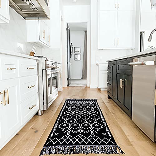 Iohouze Boho Bathroom Runner Rug -2'X4.3' Cotton Woven Indoor Outdoor Carpet Rugs Mats, Black White Runners For Hallways, Machine Washable Runner Rug For Kitchen Bedroom Living Room Laundry Entryway #TOP1