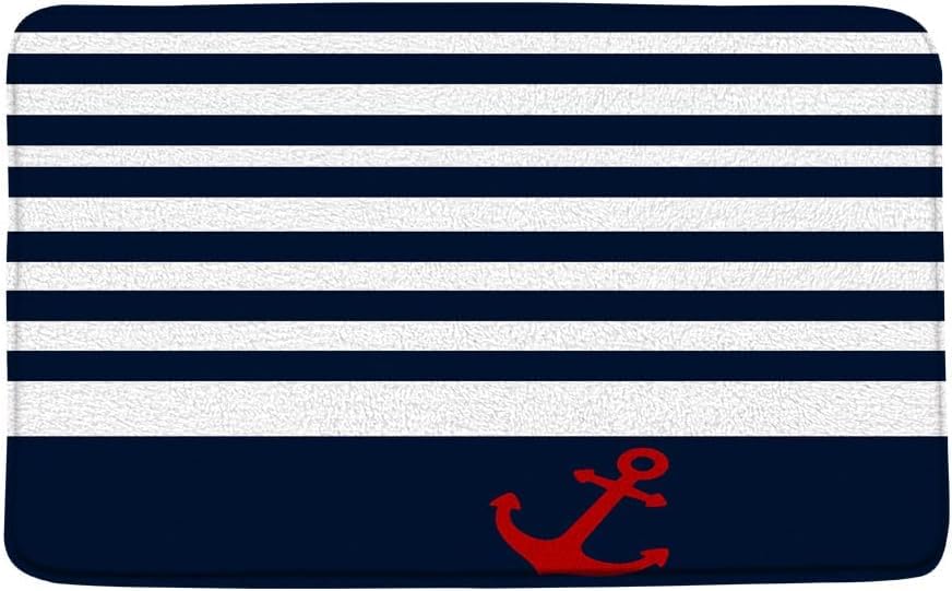 CCXTCZ Nautical Anchor Bath Mat Red Anchors Navy Blue White Stripe Tropical Ocean Sea Creative Navigation Art Microfiber Memory Foam Absorbent Rug