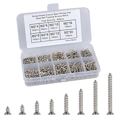 800 Piezas M2 Tornillos Autorroscante, Cabeza Plana Tornillo de Rosca, Tornillo Avellanado para Metal Surtido Kits, Kit de Tornillo Autotaladrante Cruzados con Caja para Reparación, Madera