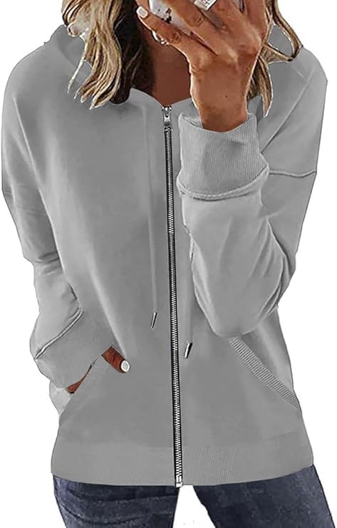 Womens Long Sleeve Open Front Zip Up Hoodies Drawstring Cardigan Hooded Sweatshirt Fashion Sweaters with Pockets