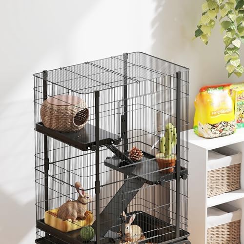 PawHut 47" H Ferret Cage, Large 4-Tier Guinea Pig Cage with Ramps, Wheels, Bowl, Water Bottle & Removable Tray, Metal Small Animal Habitat for Rabbits, Chinchillas, Black — view 7