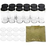 12 Premium Round Glass Spice Bottles, Premium Jars with Black Metal Lids, Shaker Tops, and Blank Lab