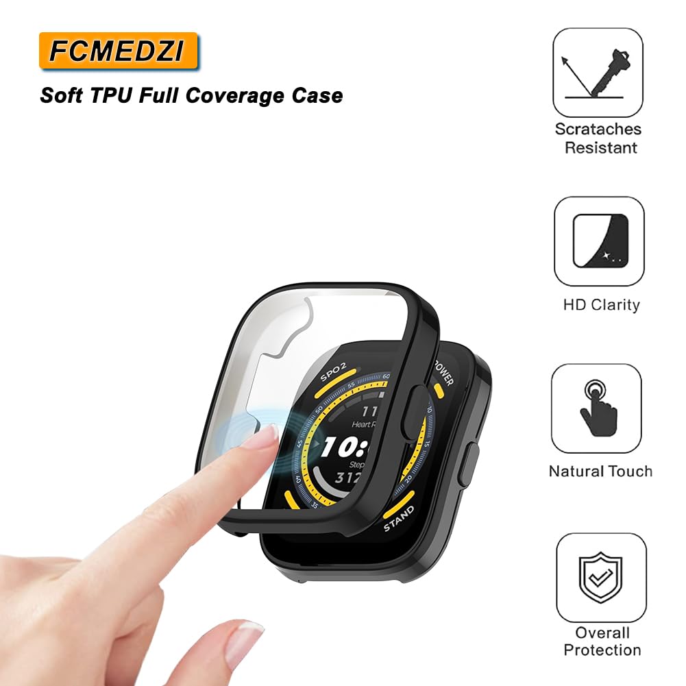 FCMEDZI Cases and Strap Compatible for Amazfit Bip 5 Screen Protector Accessories Soft TPU Full Coverage Smartwatch Case and Soft Silicone Band (Pack of 2+1)